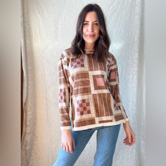 Vintage 90s Susan Bristol Patchwork Sweater – Ribbed Knit Trim in Warm Neutral - Picture 5 of 9